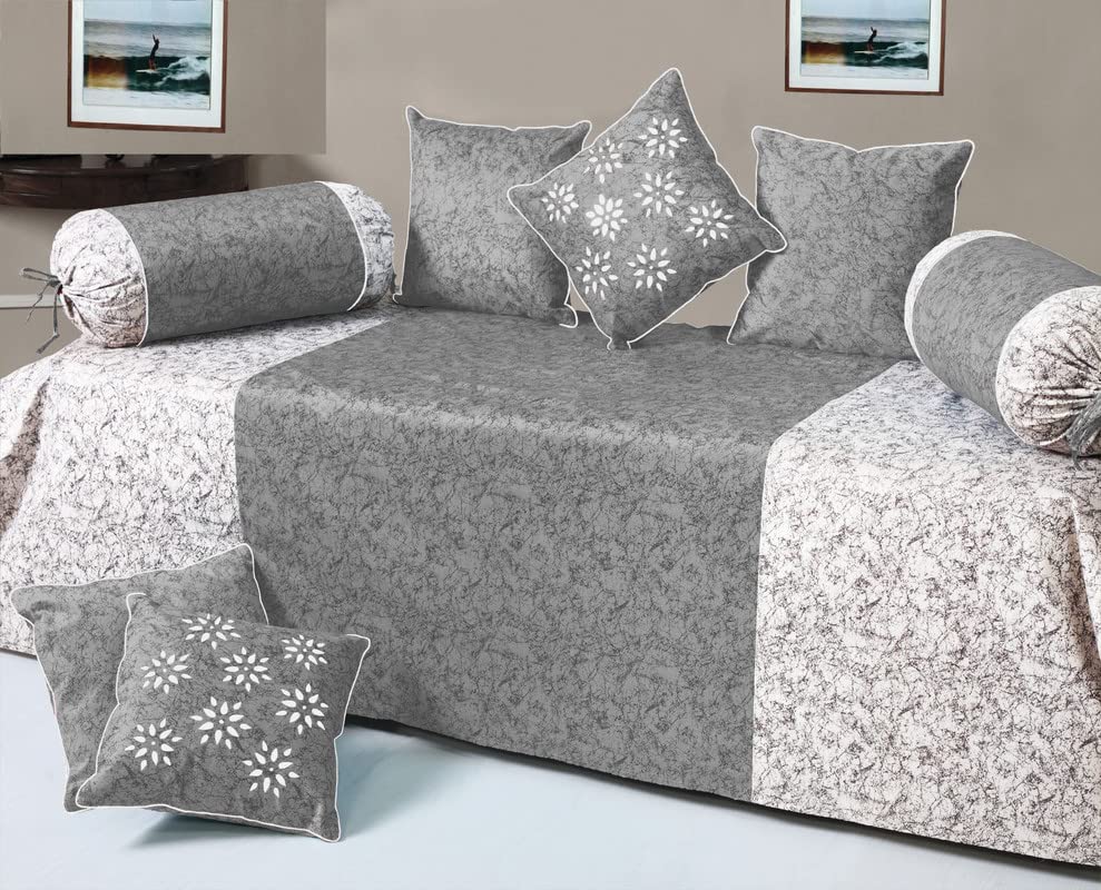 Image of Home Sajja Premium Velvet 1 Diwan Sheet, 2 Bloster with Dori, 5 Cushions Cover, Size- 60 x 90, Colour-Grey & White