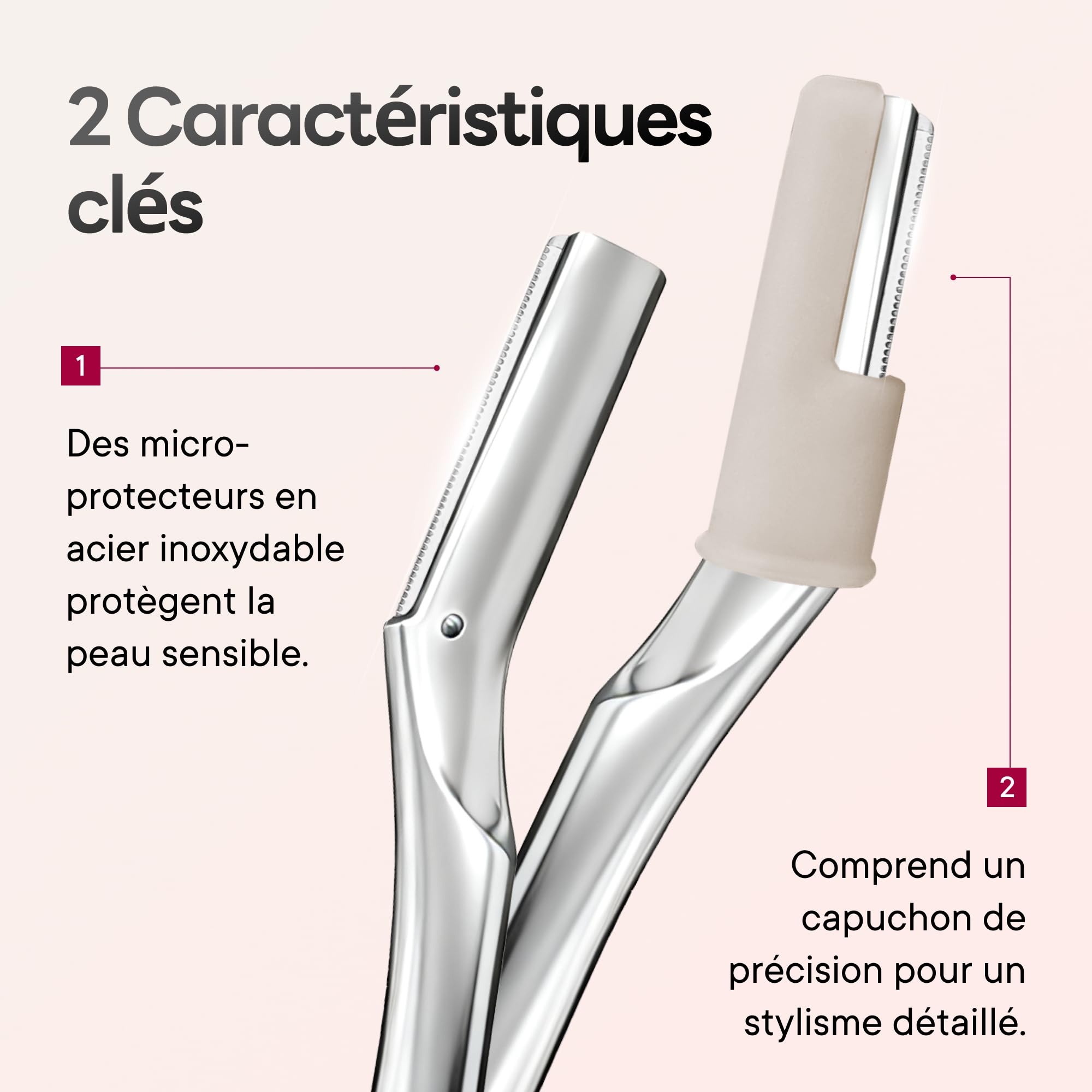 CAVEEM Rasoir Sourcil, Rasoir Visage Métal pour Femme et Homme, Dermaplaning Visage, Éliminer Duvet et Peaux Mortes, Lames Inox 6 Recharges, Argent Mat