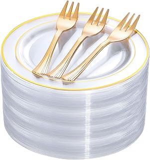 DaYammi 240Pcs Appetizer Plates Include 120Pcs Gold Dessert Plates 6.3inch with 120Pcs Gold Plastic Forks 5.7inch,Clear gold plates Disposable Salad Plate for Party Cake Plate for Wedding