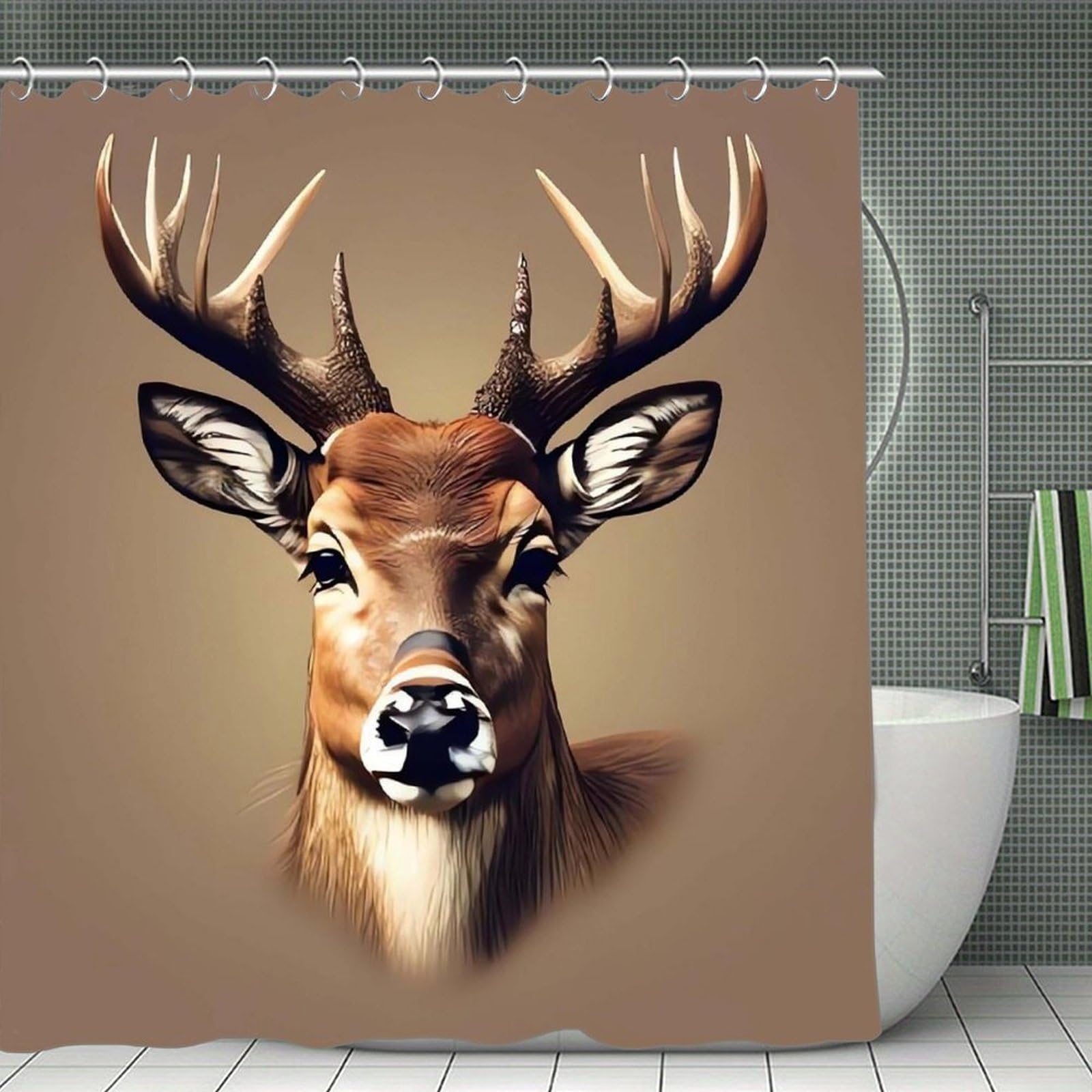 QMNLKH Deer Head Printing Shower Curtain with Hooks, Waterproof Bath Curtains for Bathroom, Lightweight Bath Curtains Liner for Hotel, Personalized Bath Curtain for Spa, 70.8 Inch