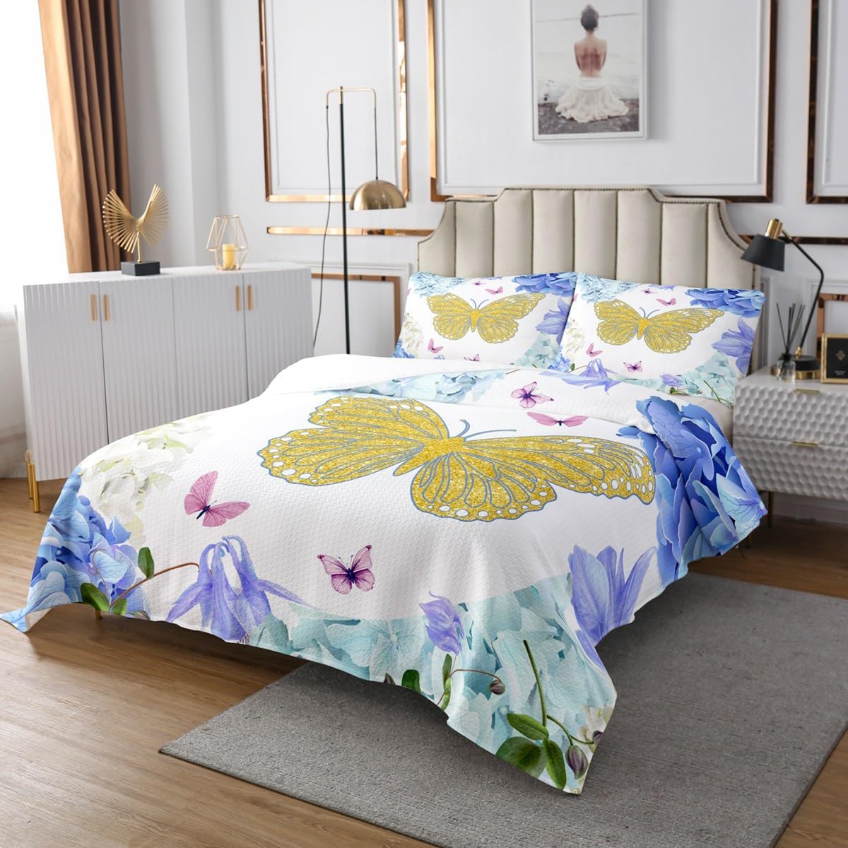 Erosebridal Gold Butterfly Twin Coverlet Set for Girls Women Blue Flowers Quilt Set, Pink Butterflies Bedspread Set Navy Bluebell Bedding Set, Spring Floral Bed Quilt Microfiber
