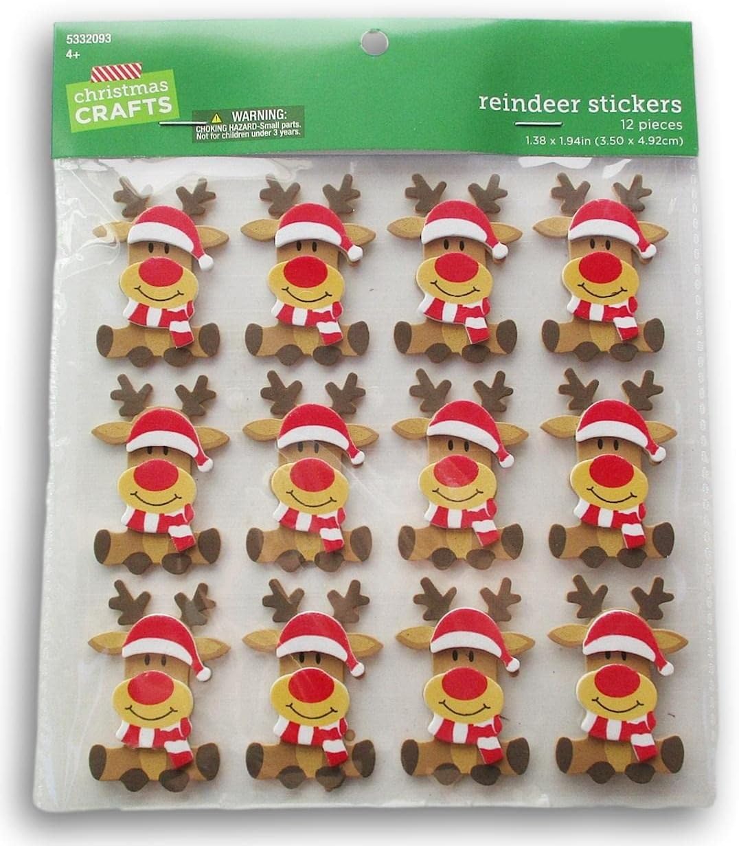 Christmas Reindeer & Santa Hat Foam Stickers - Holiday Crafts 3D Adhesive Pieces - 12 Count
