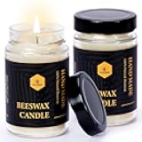Beeswax Candle in Glass jar, 2 Pack Unscented Natural Organic Emergency Candles - Smokeless Clean Burn | 36 Hours Long Burning Time - Off White
