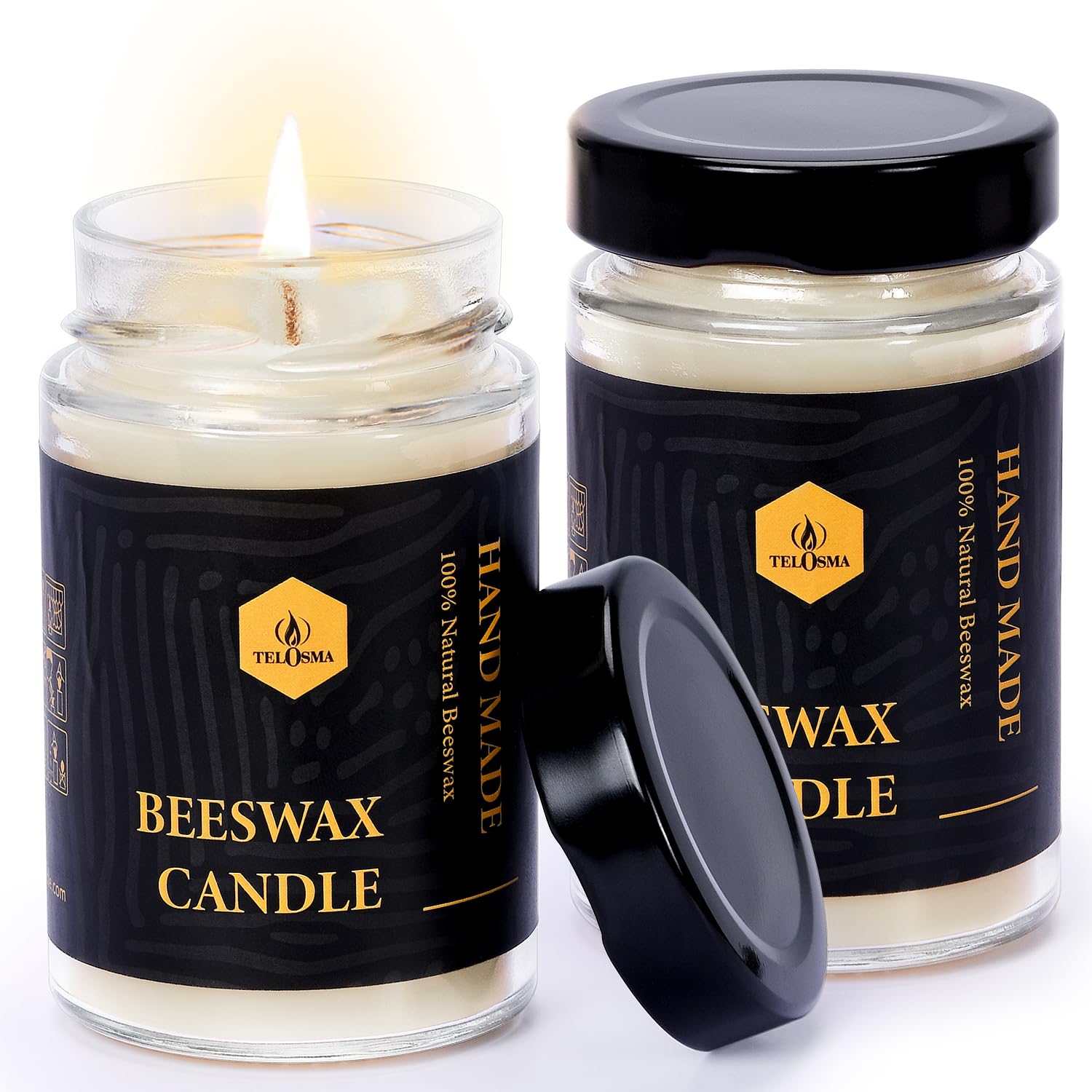 TELOSMA Beeswax Candle in Glass jar, 2 Pack Unscented Natural Organic Emergency Candles - Smokeless Clean Burn | 36 Hours Long Burning Time - Off White