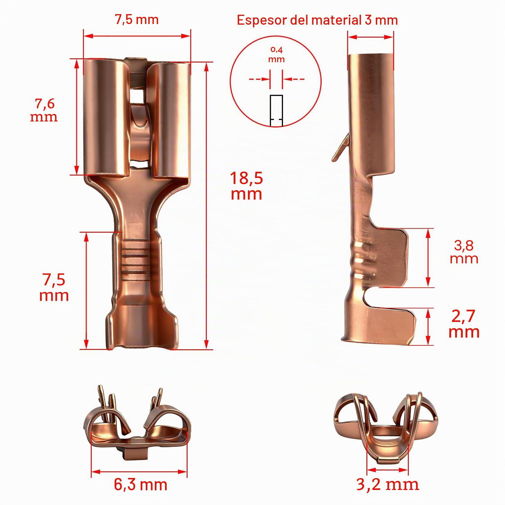 Heschen 100 terminales de crimpado de pala de 6,3 mm, latón, no aislados, para cables de 1 a 1,5 mm²