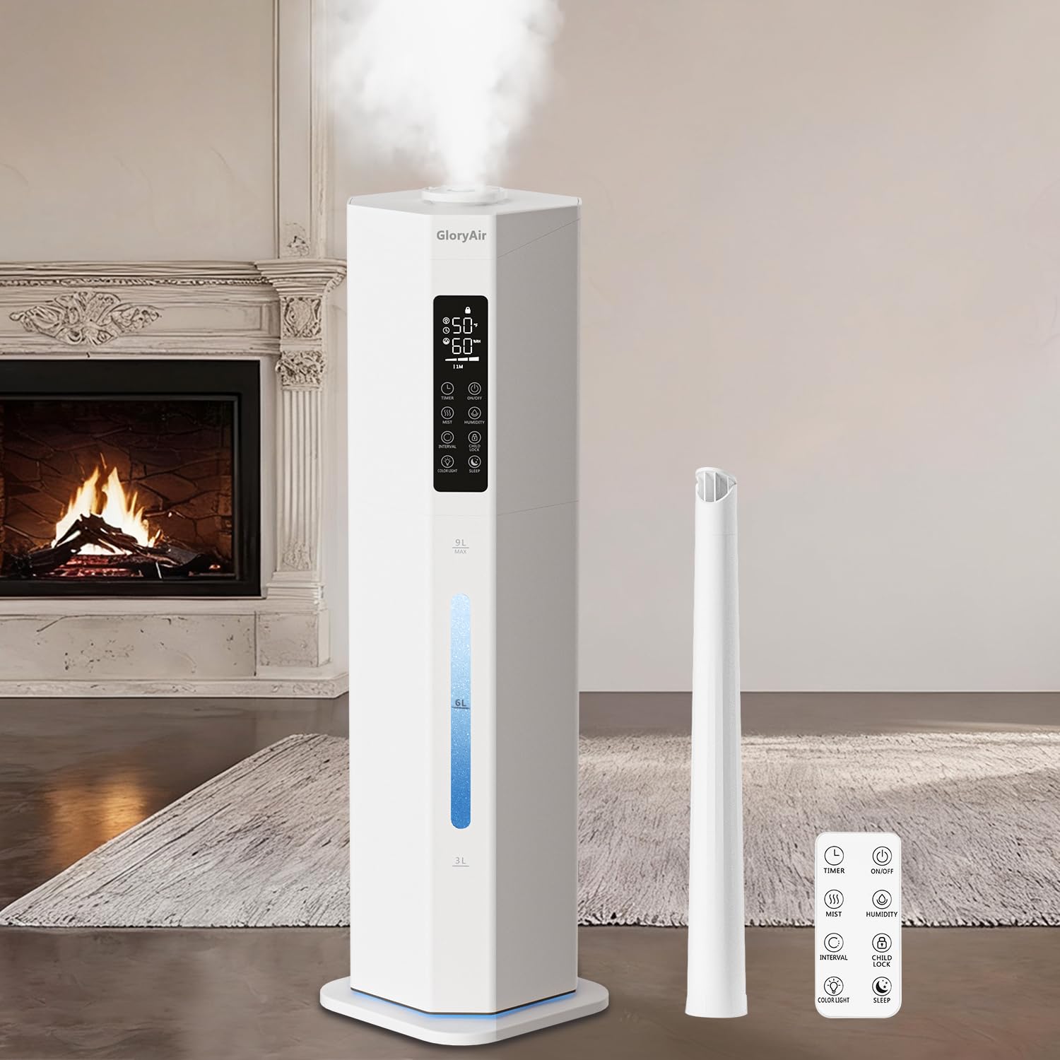 Humidifiers for Bedroom - GloryAir 2 38Gal 9L Top Fill Cool Mist Humidifier for Large Room 500ft 120H