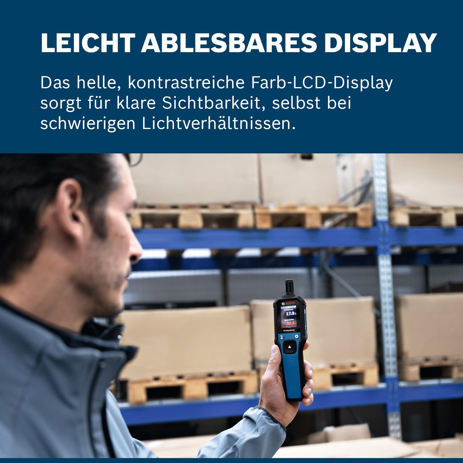 Bosch Professional Thermo-Hygrometer GDH 1-17 (Echtzeit-Messwerte, kontrastreiche Farb-LCD-Anzeige, Schutzklasse IP 65, Gummiverstärktes Gehäuse, 2x AA-Batterie, Tasche)
