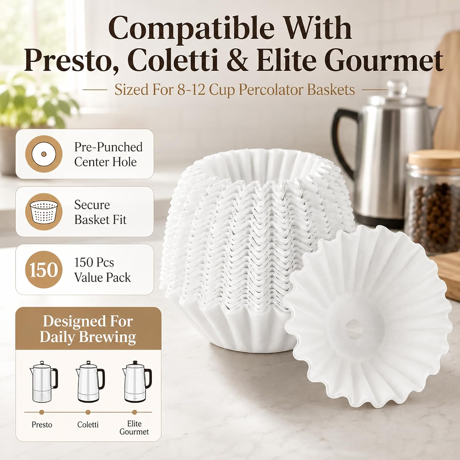 for Percolator Coffee Filters 150Pcs Pre-Punched Paper Disposable Filters image 2