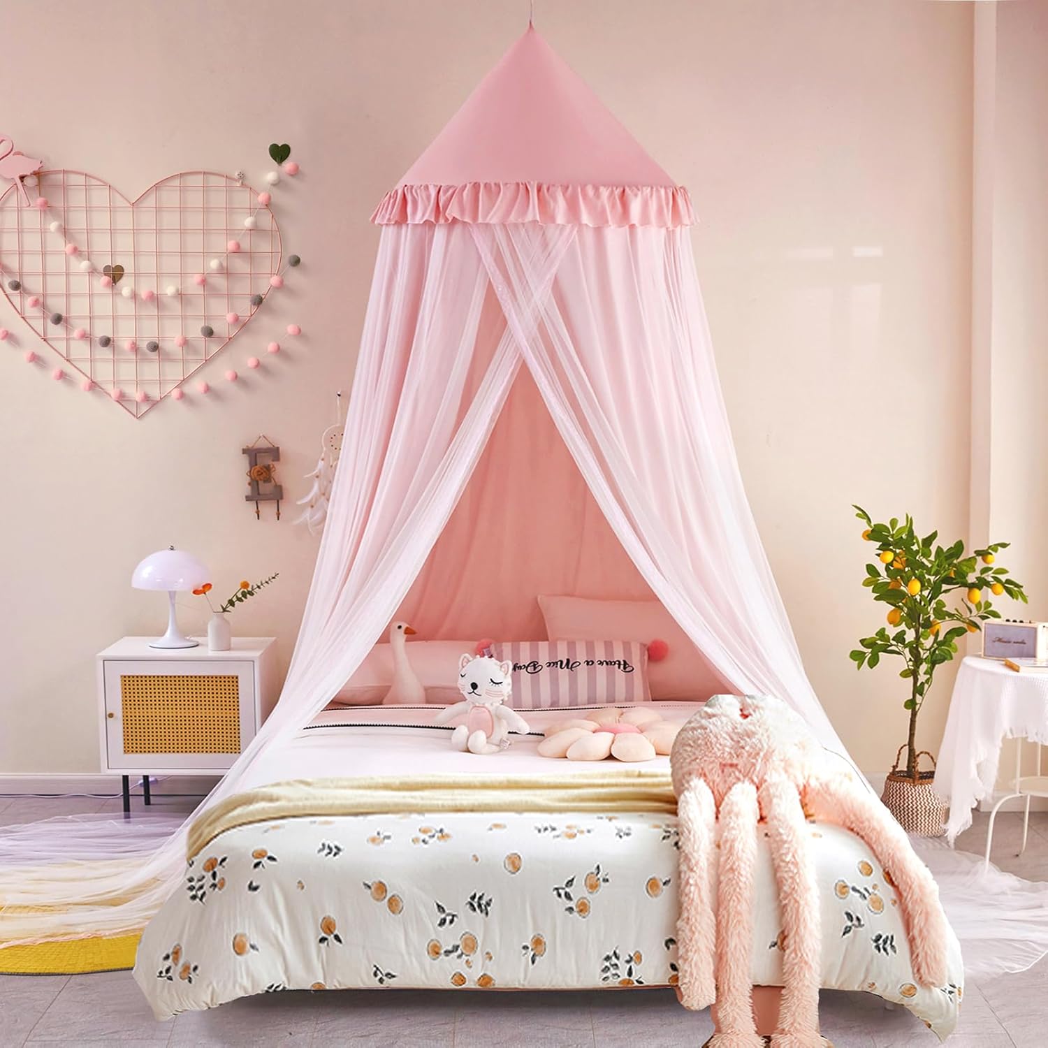 Kertnic 31.5inch Large Dome Bed Canopy for Girls, Double Layer Dreamy Ruffle Princess Canopy, Bedroom Hanging Tent Kids Reading Nook Canopies,Full Queen Bed Canopy Curtain (Beige Pink)