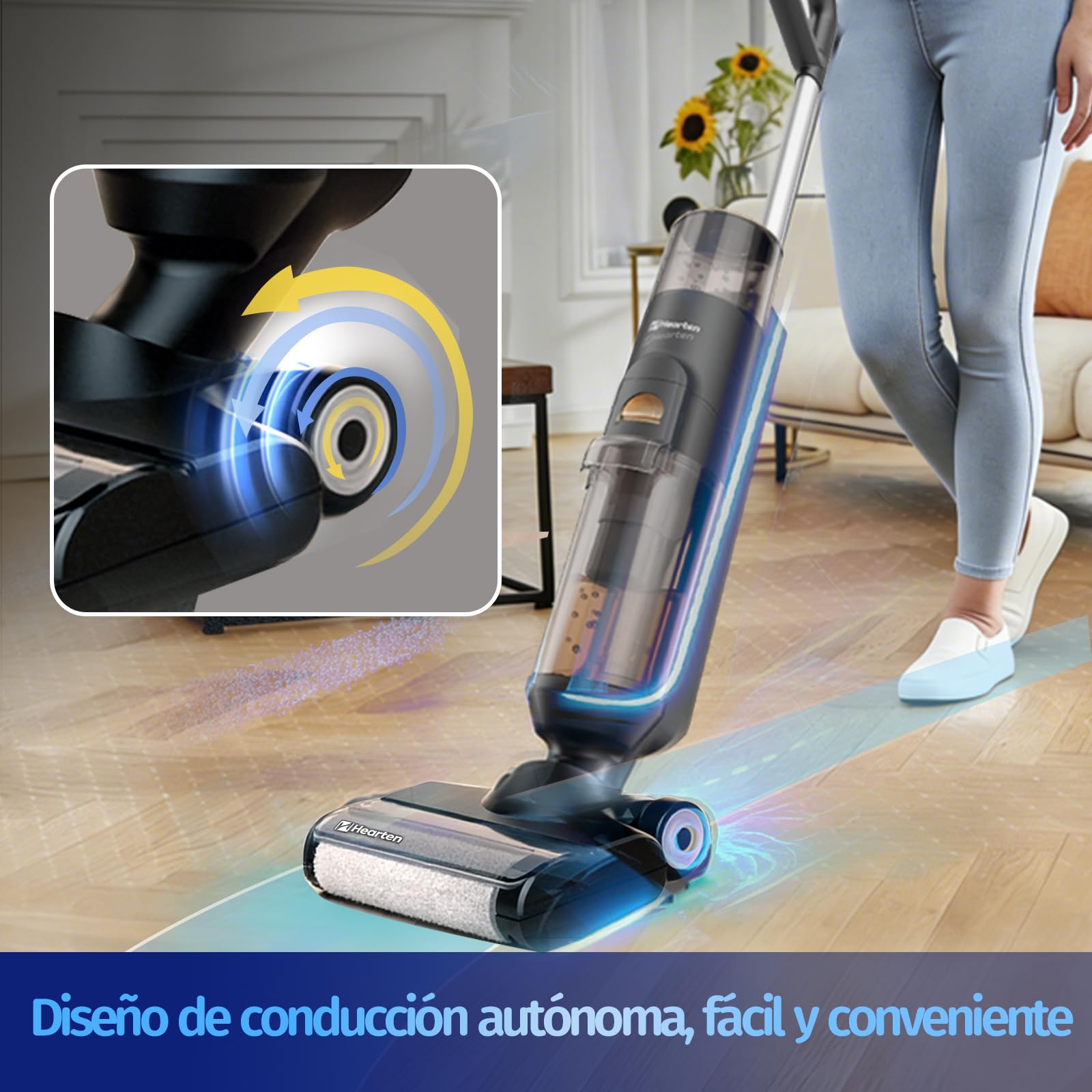 Hearten Aspiradora Fregona,Fregona Aspiradora Inteligente 3 en 1 – Aspirador con Función de Lavado, Autolimpiable, Antienredos, Pantalla LED, 0,7 mm, Autoajuste, para Suelos y Pelo de Mascotas
