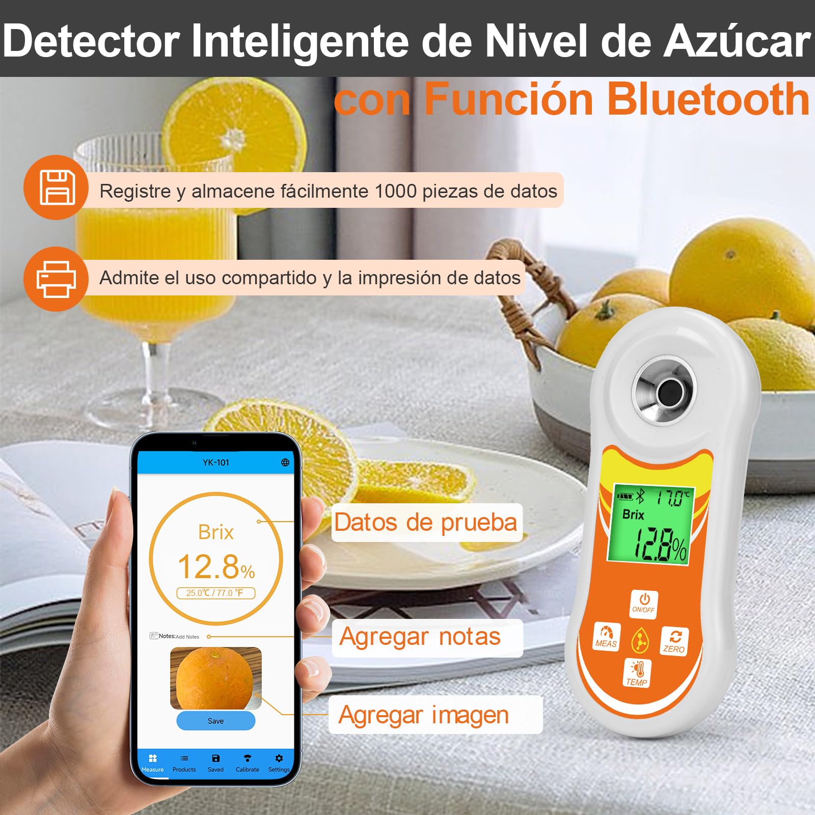 Refractómetro Inteligente Brix, Probador Digital YINMIK Brix (0-60%), Medidor de Temp de Azúcar con ATC, Medidor Portátil Brix para Frutas, Café, Jarabe de Arce, Jugos, Alimentos y Vegetales