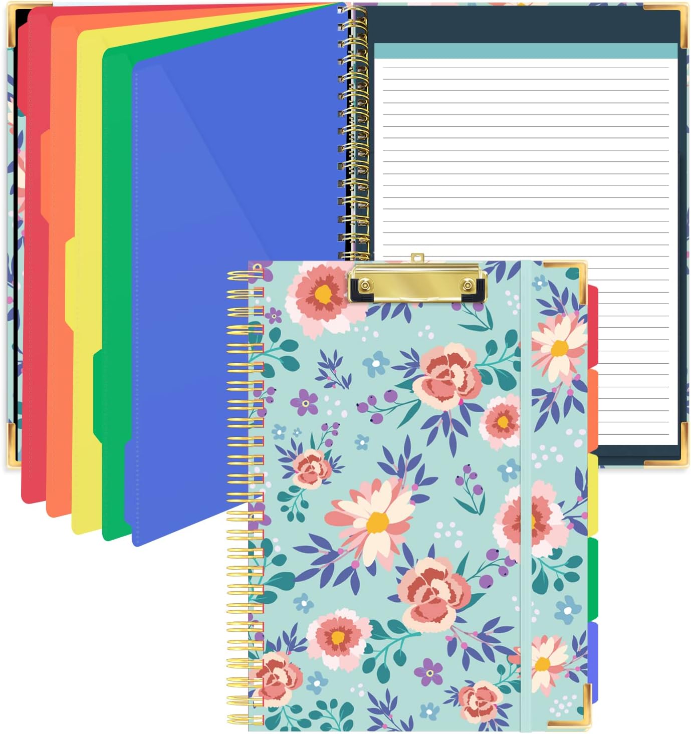 Kisdo Spiral Clipboard Folio with Refillable Lined Notepad for Letter Size(11.5”x8.5”), 5 Extra Plastic Colour Storage Dividers with 10 Pockets (Green Flower)