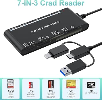 USB 3.0 Multi Card Reader for SD/Micro SD/TF/XD/CF/MS - 7-in-1 Memory Card Reader/Adapter for Windows, Mac, Linux (USB-A + USB-C + IP)