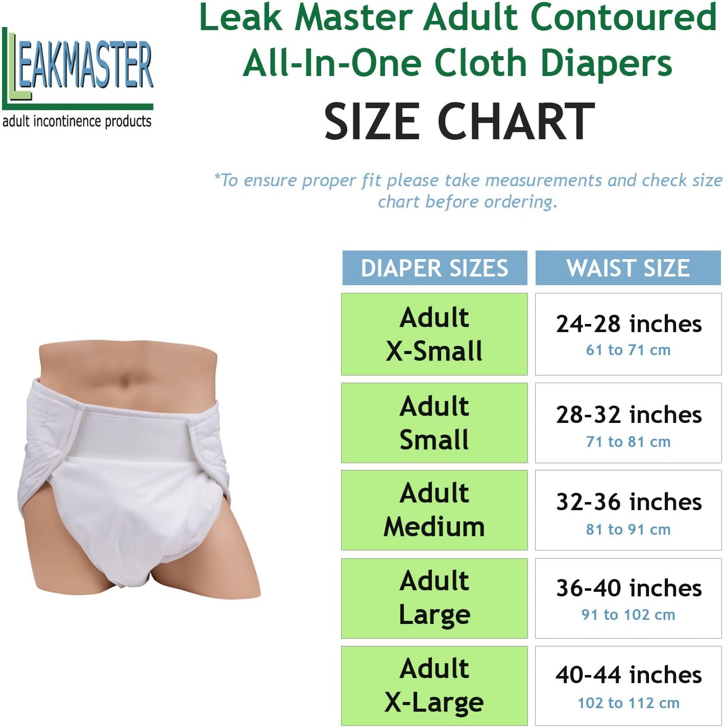 LeakMaster Adult Sized Contoured All in One Cloth Diapers - Hourglass Shaped Multi-Layered Cotton Gauze Interior with PUL Waterproof Outer Moisture Barrier - X-Small (Fits 24-28 Inch Waists) image 4