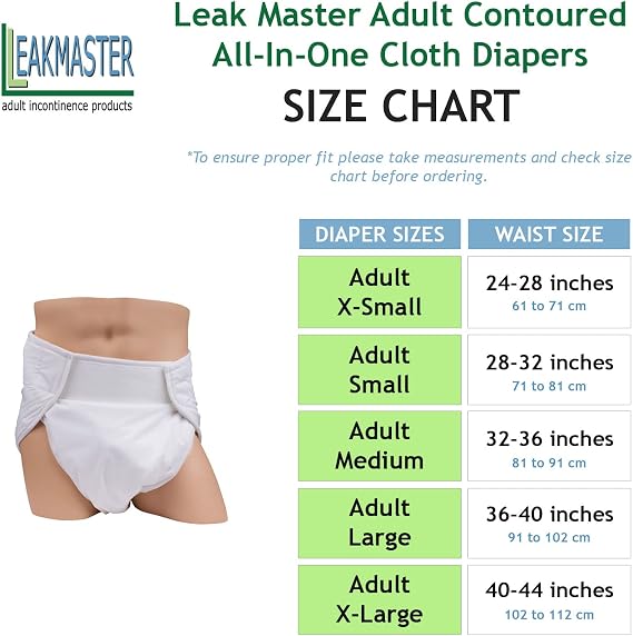 حفاضات LeakMaster للبالغين في حفاضات قماش واحدة - شاش قطني متعدد الطبقات على شكل ساعة زجاجية داخلي مع حاجز الرطوبة الخارجي المقاوم للماء PUL - X-Small ( يناسب الخصر 24-28 بوصة )