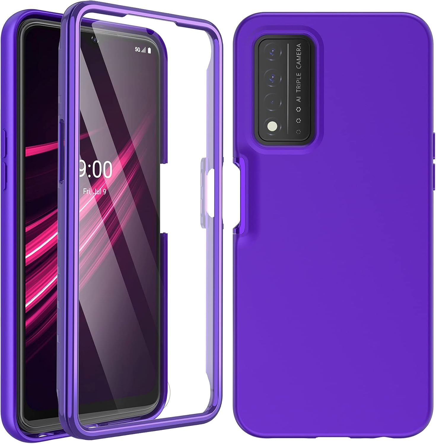 UNPEY for T-Mobile Revvl V Plus 5G Case with Built-in Screen Protector,Shockproof Soft Liquid Silicone Back Cover Hard Front Cover,Full Body Rugged Protective Revvl v+ 5G Phone Case Purple