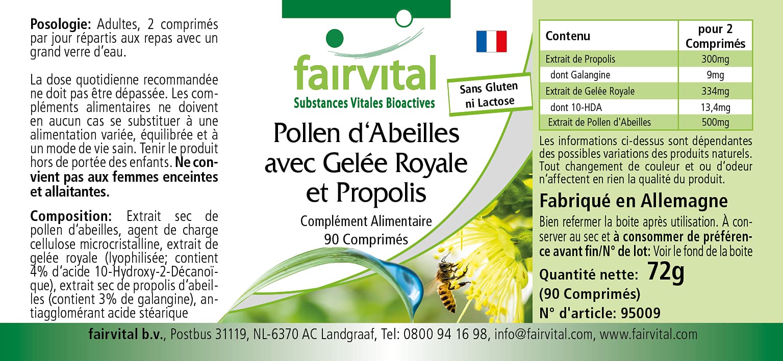 fairvital Pollen d'api con pappa reale e propoli, 90 compresse, ALTO DOSAGGIO