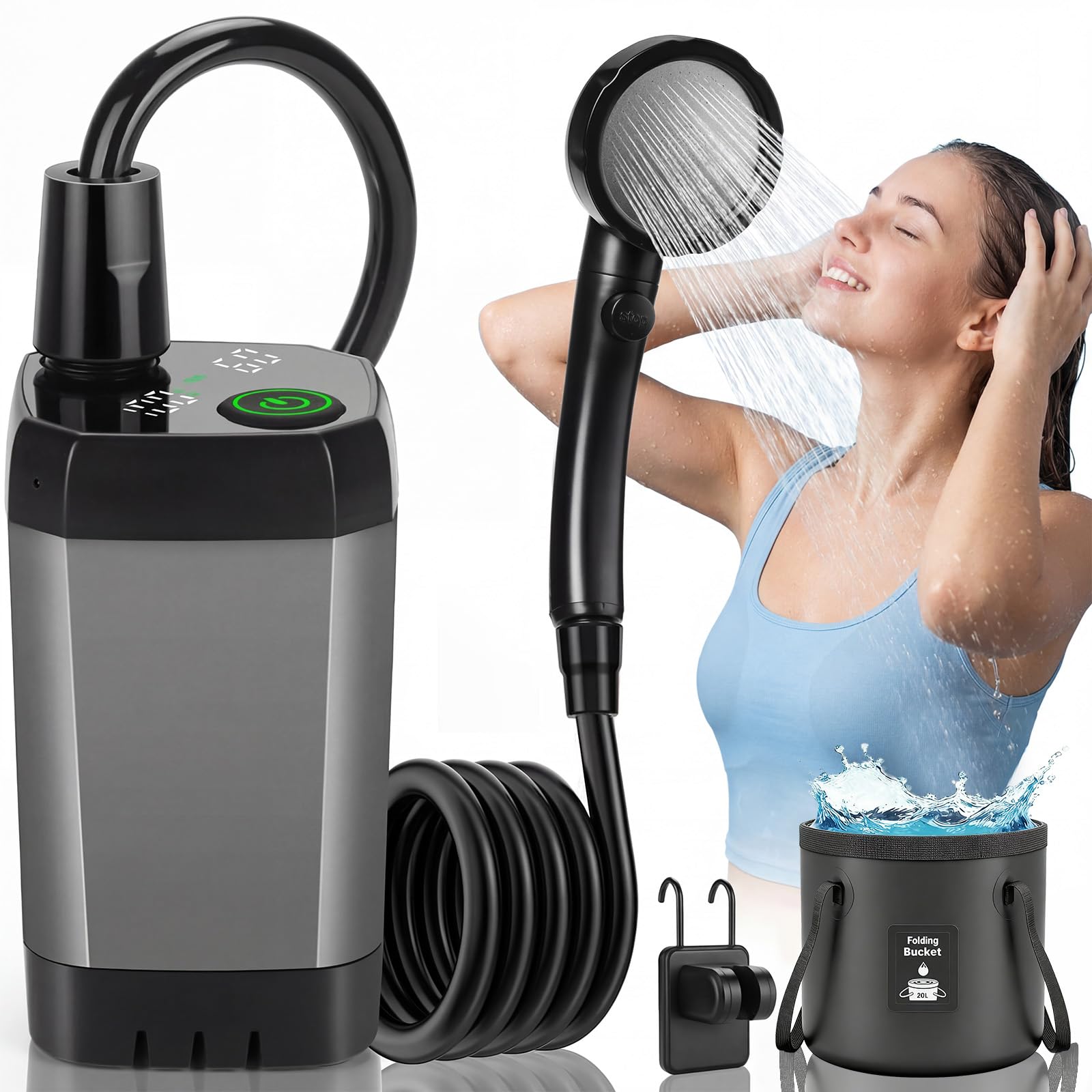 Tonfarb Campingdusche, 6000mAh Akku Camping Dusche mit Pumpe, Outdoor Dusche Mobile mit Duschkopf und 2M Schlauch, Intelligenter Digitalanzeige, Fuer Garten, Wohnmobil, Wohnwagen, Reise, Hundedusche