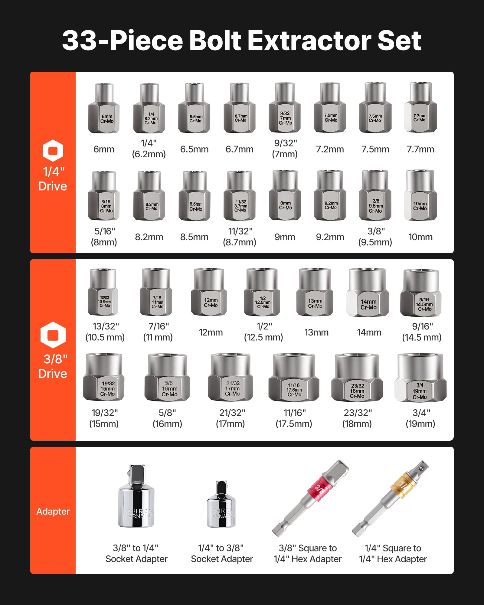 VEVOR Extracteur de Boulons et Écrous 29PCs Extracteurs de Goujons 6 mm à 10 mm et 10,5 mm à 19 mm Outils de Retrait de Goujons Cassés en Acier CR-MO avec Étui pour Enlever les Boulons Cassés Atelier