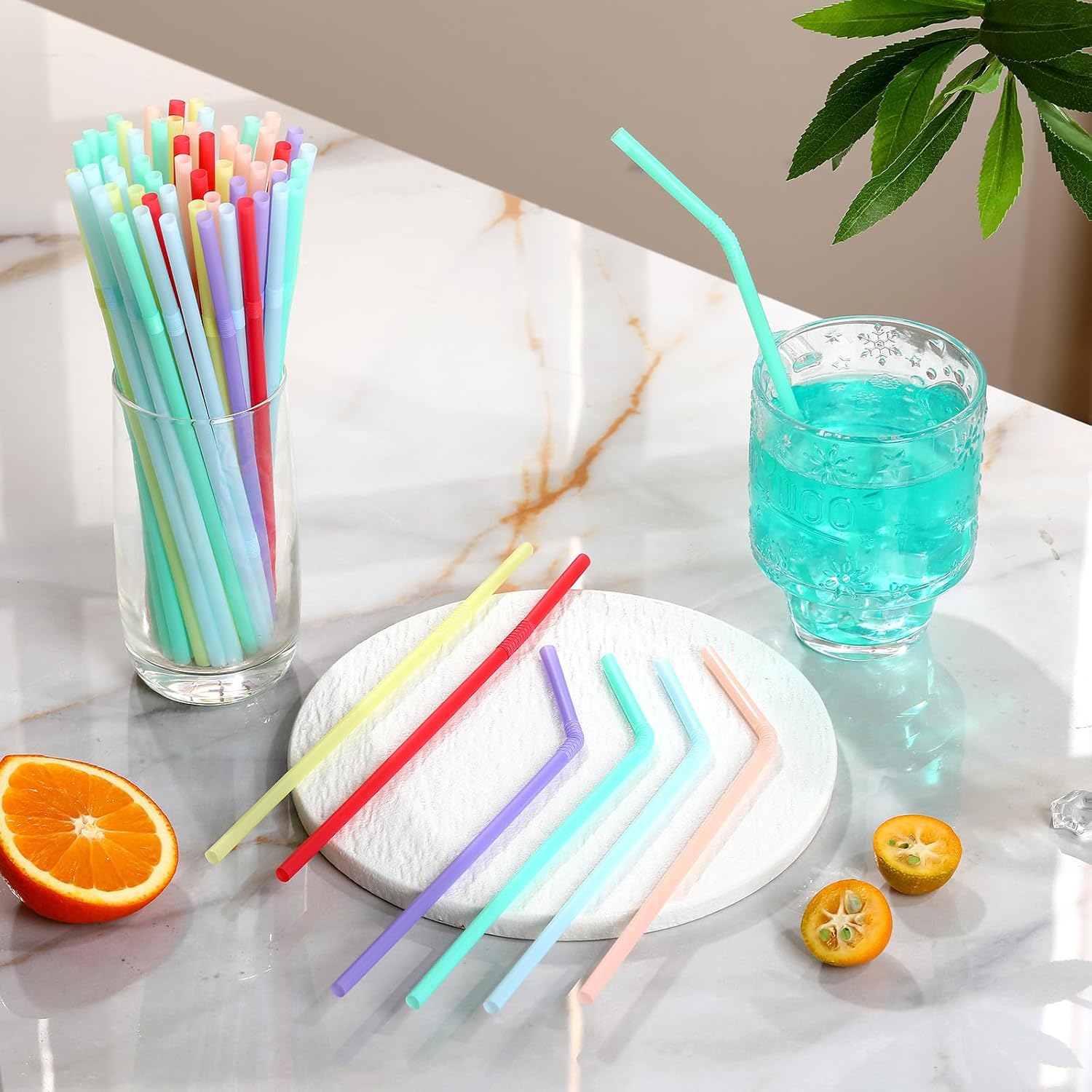 YAOSHENG 200pcs Blue Straw 8.28" x 0.23"Solid Colors Flexible Drinking Straws, Plastic Disposable Bendy Straws (blue)