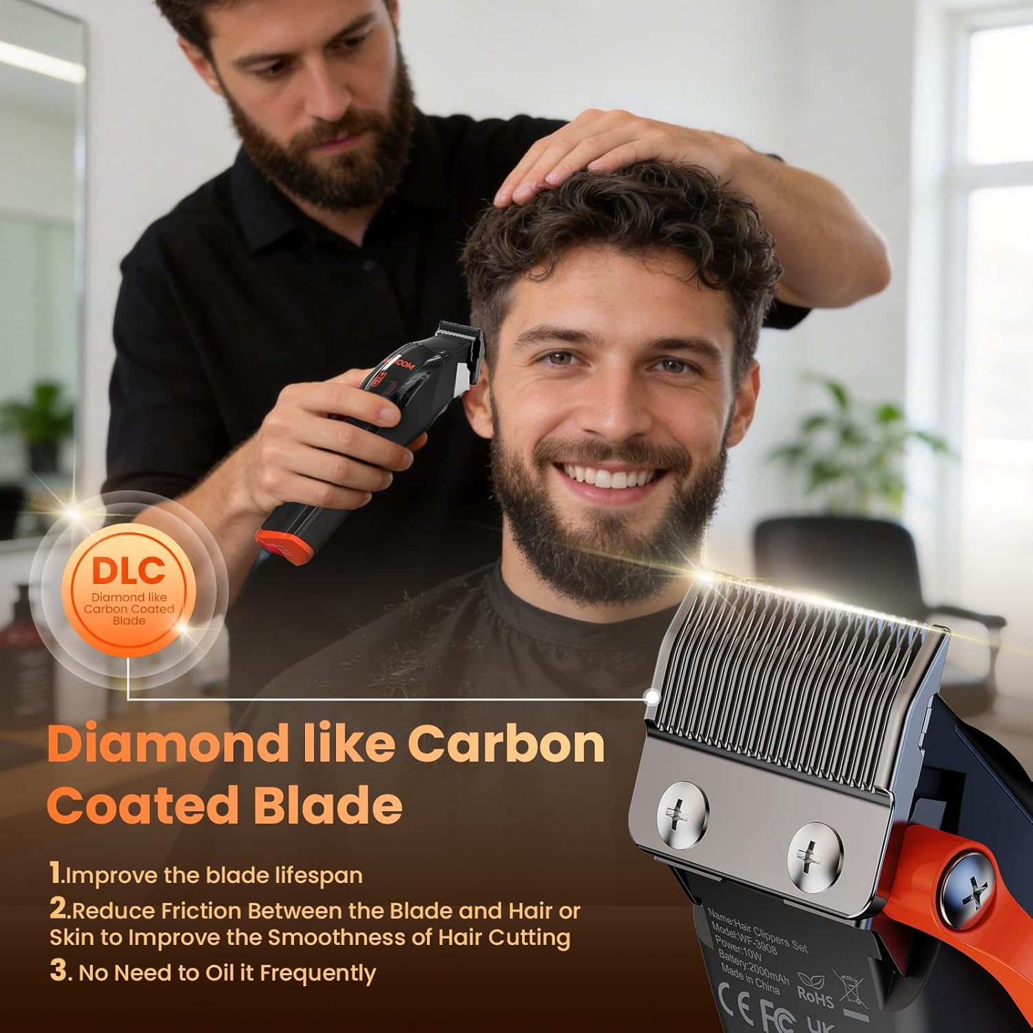 Professional Hair Clippers for Men, 9000 RPM with DLC Self-Sharped Blade, No Pulling or Snagging, Cordless Hair Cutting Clippers Kit, Electric Beard Trimmer, Barber Clippers Fades Set