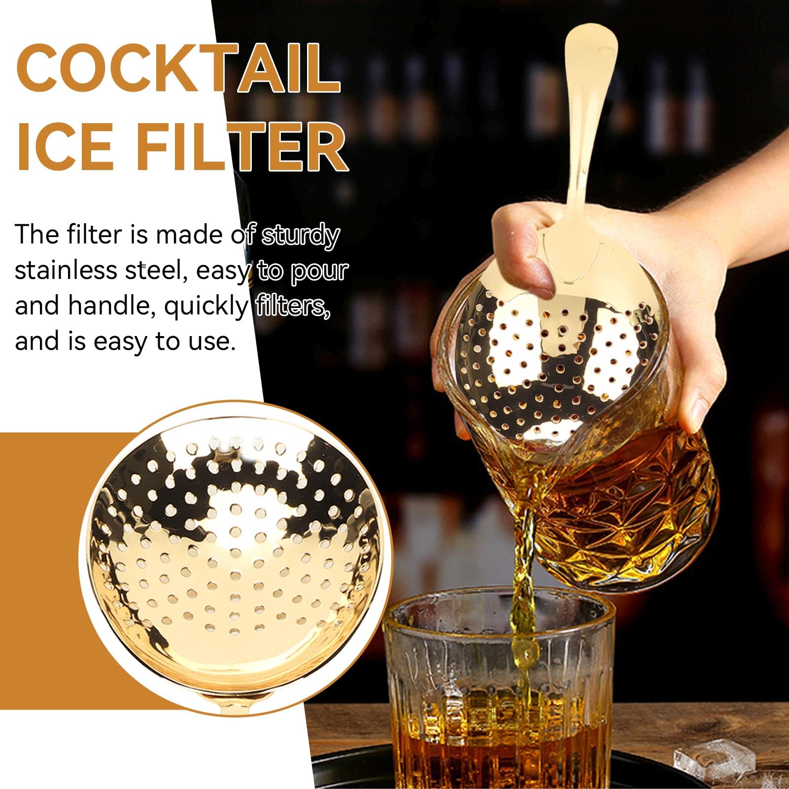 Colador Julep de acero inoxidable, colador de cóctel, colador de cóctel, cuchara, colador de bebidas con asa para el hogar o bar comercial (dorado) 4
