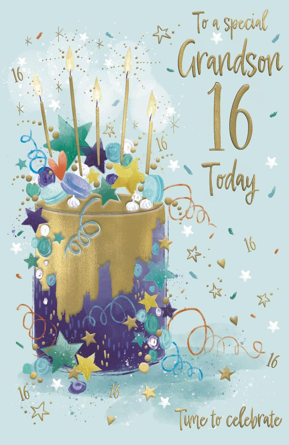 IC&G 16th Birthday Card for Grandson - Age 16 Fun Cake & Confetti Design - Embossed Foil Finish - Premium Greeting Card with Envelope