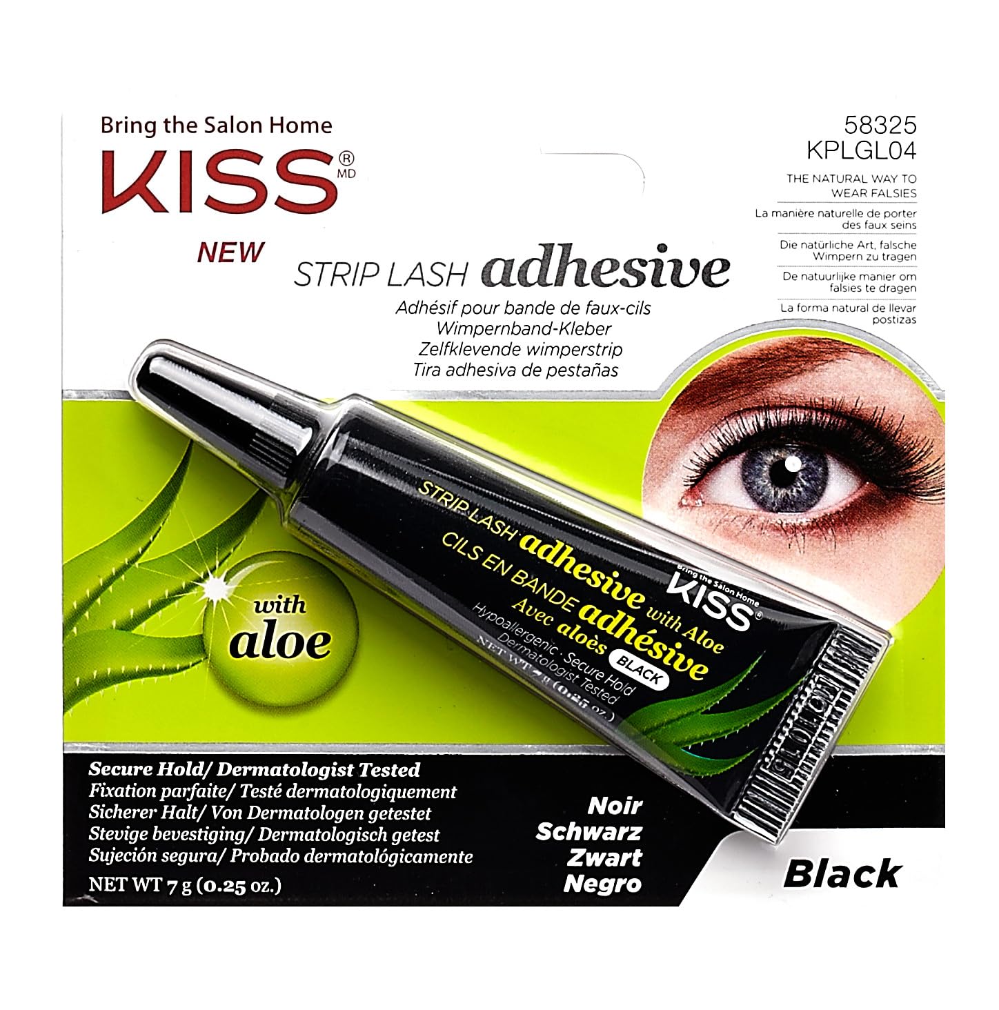 KISS Black Strip Lash Adhesive with Aloe, Dermatologist Tested, Formaldehyde Free, Non-Irritant, Contact Lens Friendly, Secure Hold, Contains Latex, with Control Nozzle Tip, 0.24 Ounce - Amazon product rated Grade A
