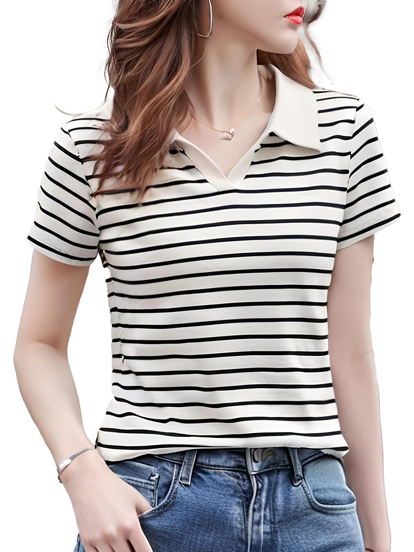 Women Short Sleeve Polo T-Shirts, Lady's Summer Striped Shirt, Collar Neck Casual Tank Tops