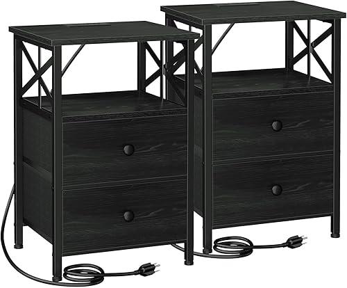 Miniatura 12 de AMHANCIBLE Juego de 2 mesitas de noche con estación de carga, mesas auxiliares para sala de estar con puertos USB y tomacorrientes, mesitas de noche