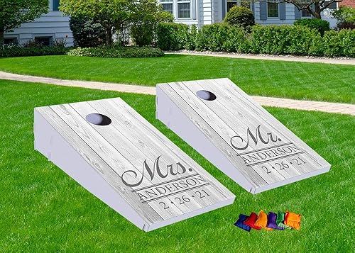 Miniatura 3 de Anderson's, Juego de cornhole de boda de Mr. and Mrs. personalizado, lanzamiento de saco, bolsas de frijoles, juego al aire libre, 14 piezas