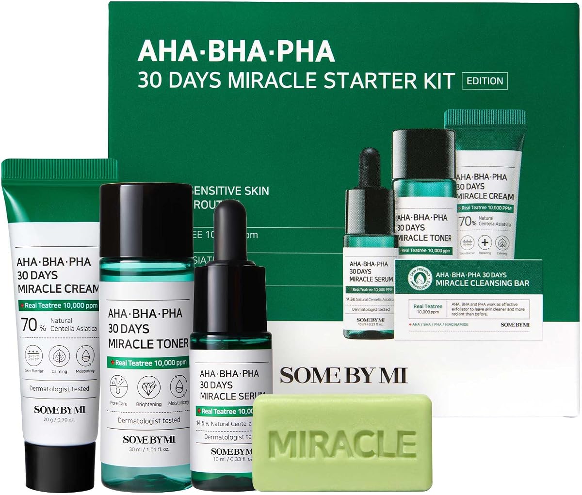 SOME BY MI AHA BHA PHA 30Days Starter Kit - Toner 1.01Oz, Serum 0.33Oz, Cream 0.7Oz, Cleansing Bar 1.05Oz - Mild Exfoliating Daily Skin Care Set - Skin Wastes, Sebum, Oiliness Care - Korean Skin Care