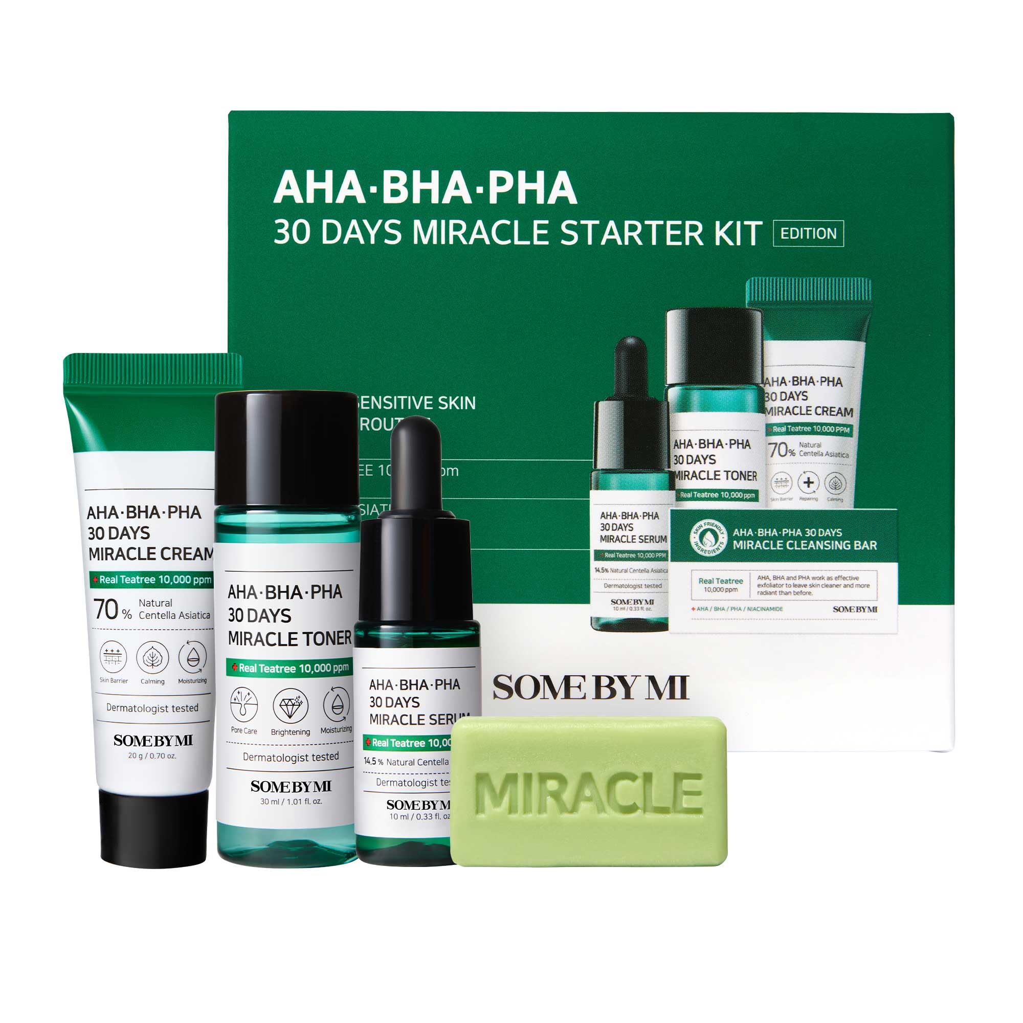 SOME BY MI AHA BHA PHA 30Days Starter Kit - Toner 1.01Oz, Serum 0.33Oz, Cream 0.7Oz, Cleansing Bar 1.05Oz - Mild Exfoliating Daily Skin Care Set - Skin Wastes, Sebum, Oiliness Care