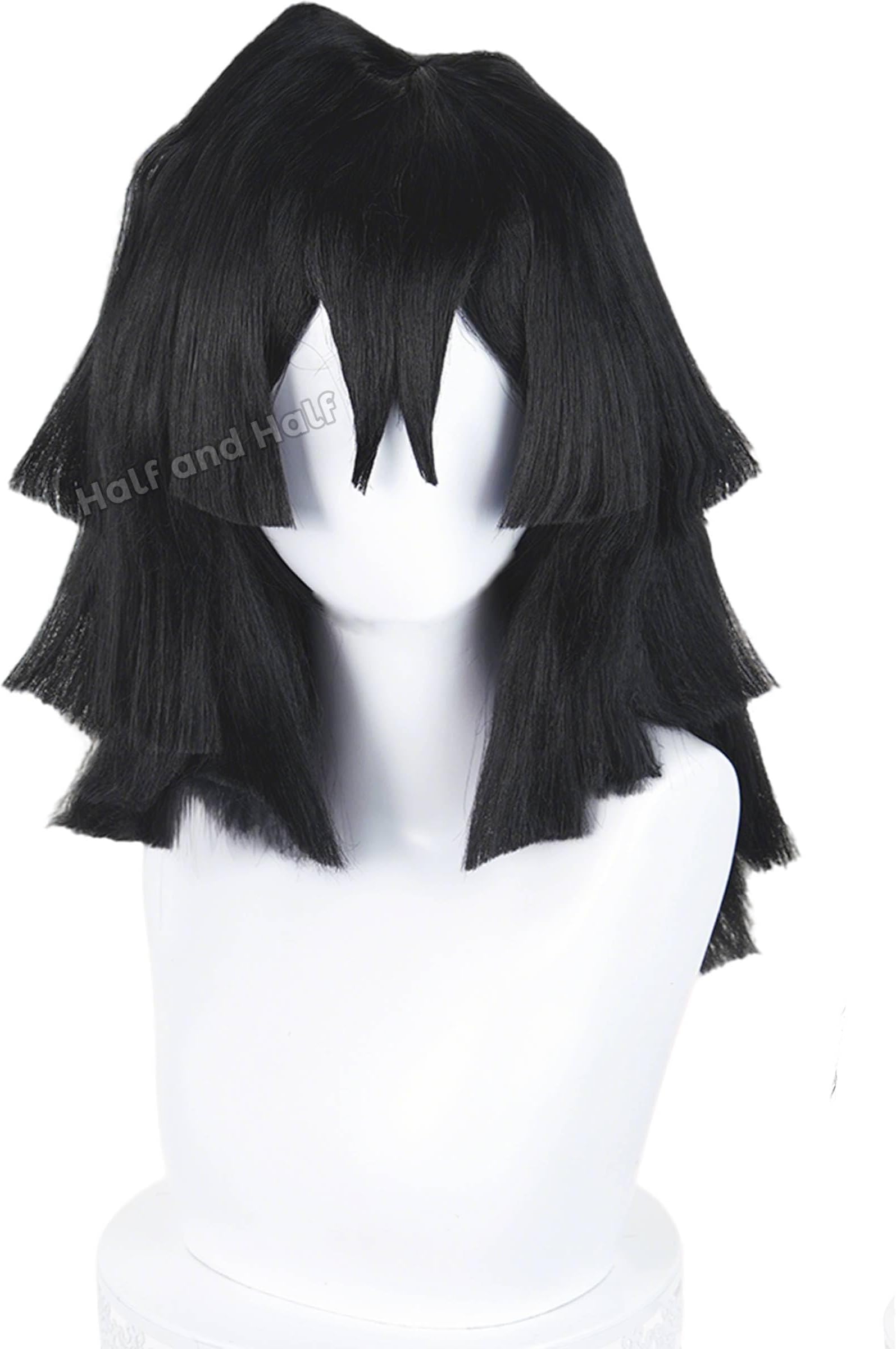 Half and Half Obanai Cosplay Wig Men's Short Black Demon Anime Warrior Costume Wigs Male Women Black Shoulder Length Hair Wig with Bangs for Unisex Halloween Party