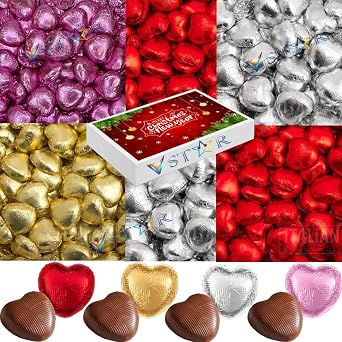 Random Mixed Colours Luxury Foil Wrapped Milk Chocolate Hearts with Christmas Box - Pink, Silver, Red and Gold - Perfect For Christmas, Parties, Anniversaries, Valentine's Day & Birthday 2000g