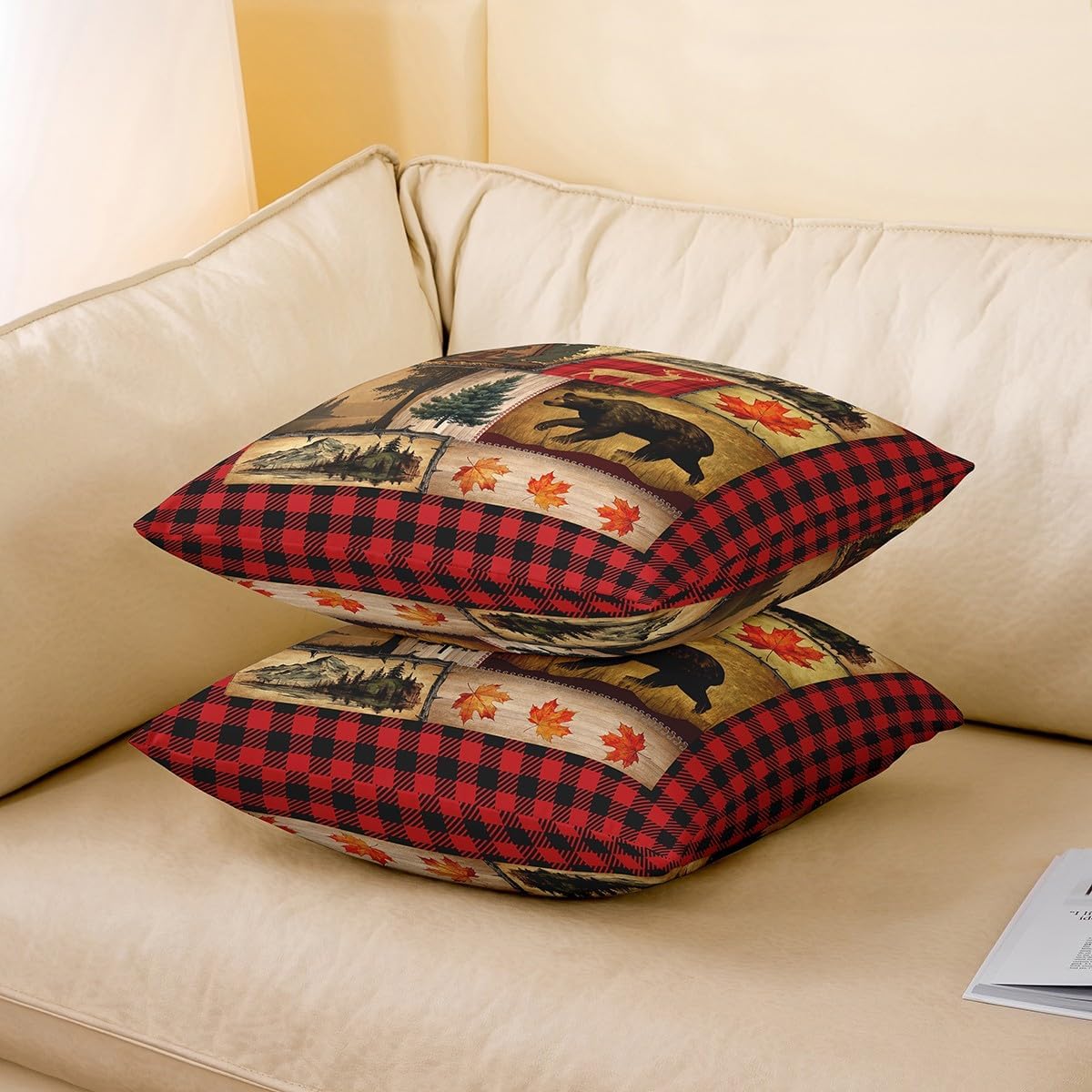 Erosebridal Rustic Farmhouse Throw Pillow Covers 16X16 Inch Set of 4,Bear Deer Wildlife Pillow Covers,Christmas Red Black Buffalo Plaid Cabin Fall Leaves Woodland Rv Decorative Accent Pillow Cases