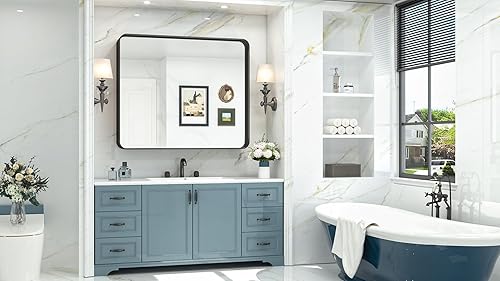 Miniatura 2 de TokeShimi Espejo de pared de baño negro mate de 16 x 24 pulgadas, marco de metal, esquina redonda, rectangular, para decoración del hogar, sala de