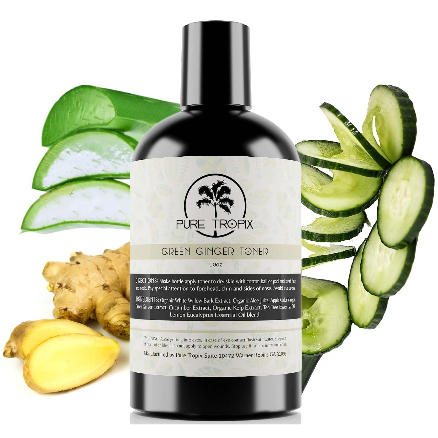 Pure Tropix Tônico hidratante facial de gengibre verde – tônico botânico de aloe, pepino