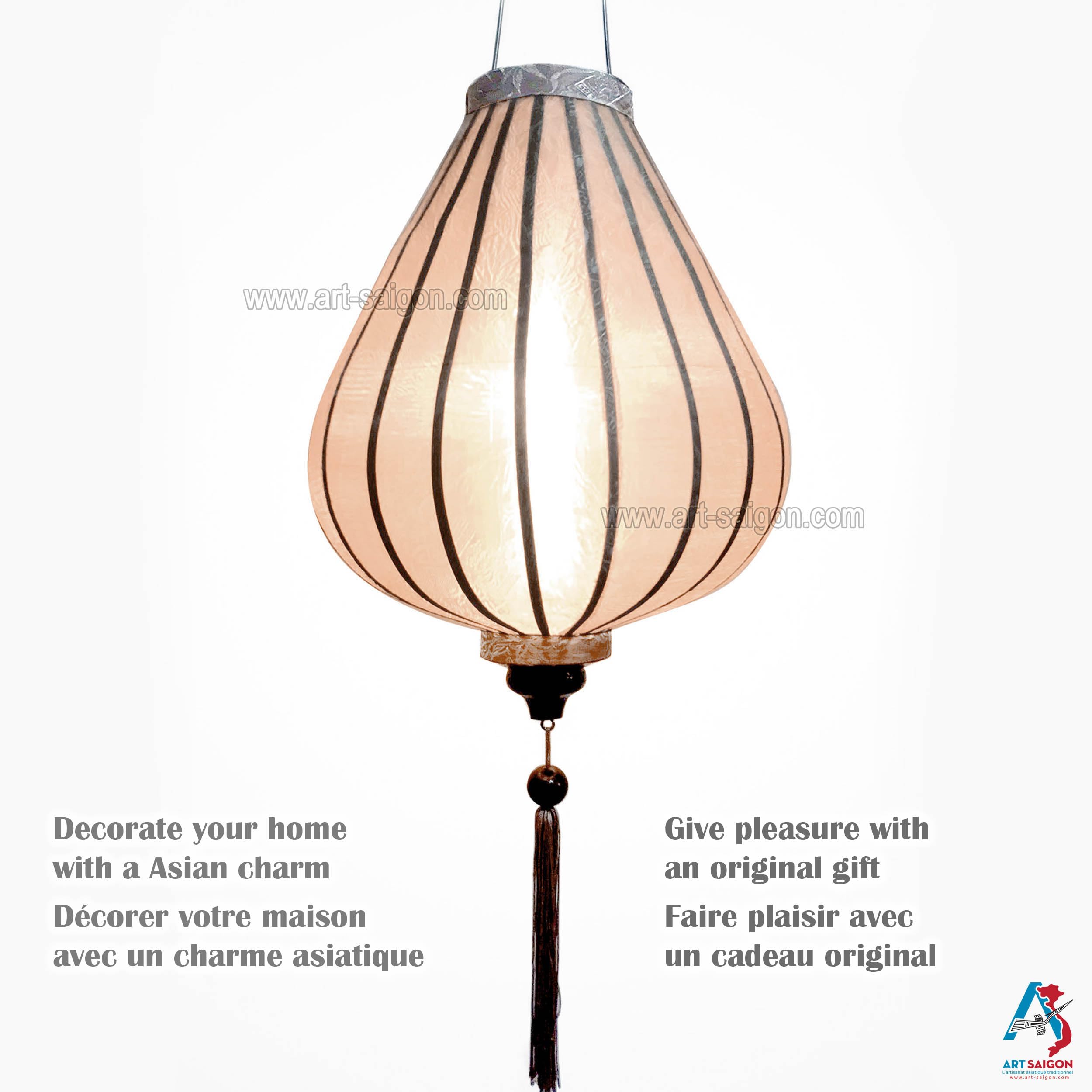 Asiatische Laterne aus Seide, G, Durchmesser 33 cm, Farbe Champagner, reflektierend, Rosa – Traditioneller Hoi an Lampion aus Stoff, Bambus und Holz – Dekoration und Handwerk aus Vietnam (G25-BE)