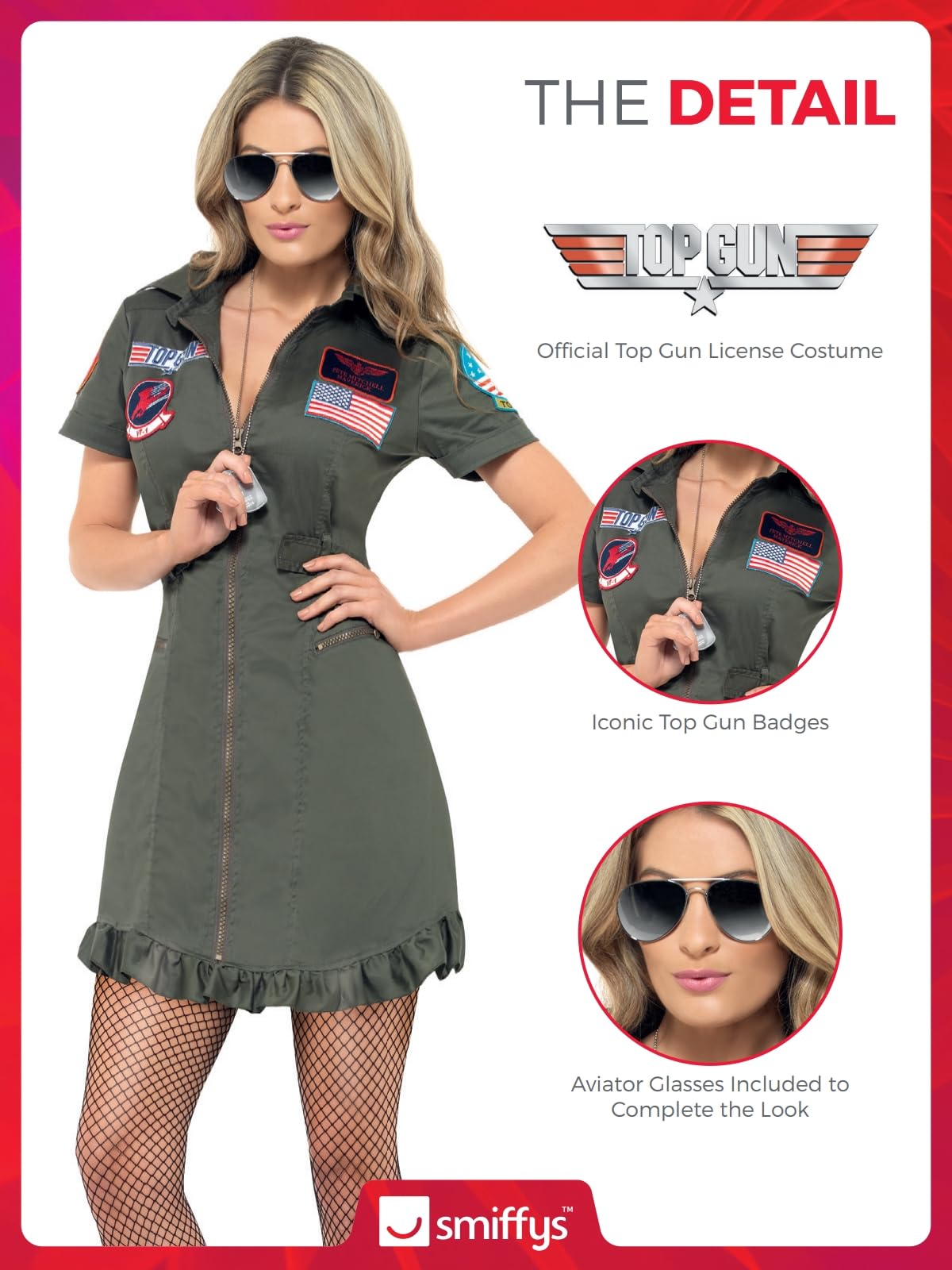 Smiffys Damski top Gun, zielony kostium Deluxe z sukienką i okularami przeciwsłonecznymi