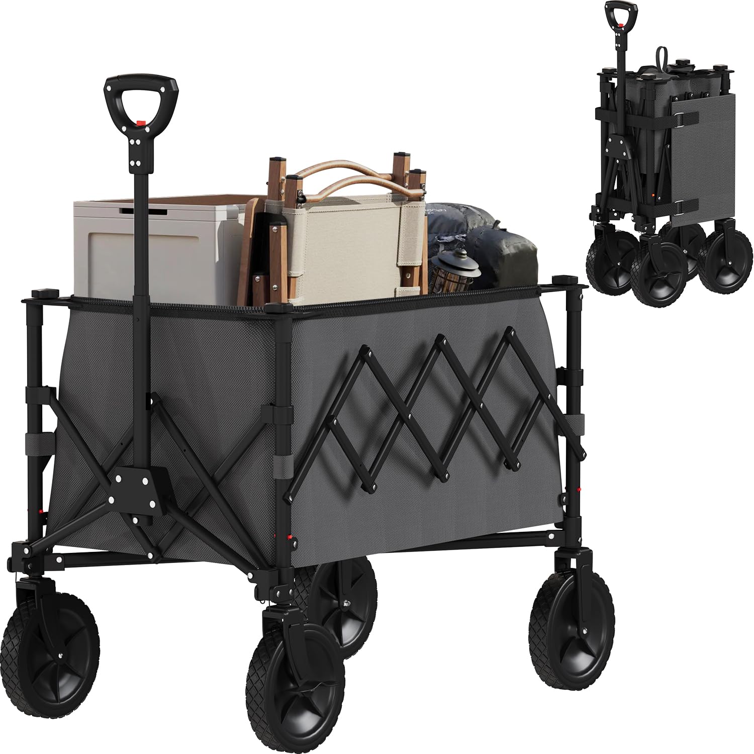 TRIUMPHKEY Carro Playa con Ruedas, Carro de Transporte Plegable, Carro de la Compra con Asa Regulable, Gran Capacidad 120L, Soporte de Carga 110KG, Impermeable, Apto para Playa Campaña Jardín Gris