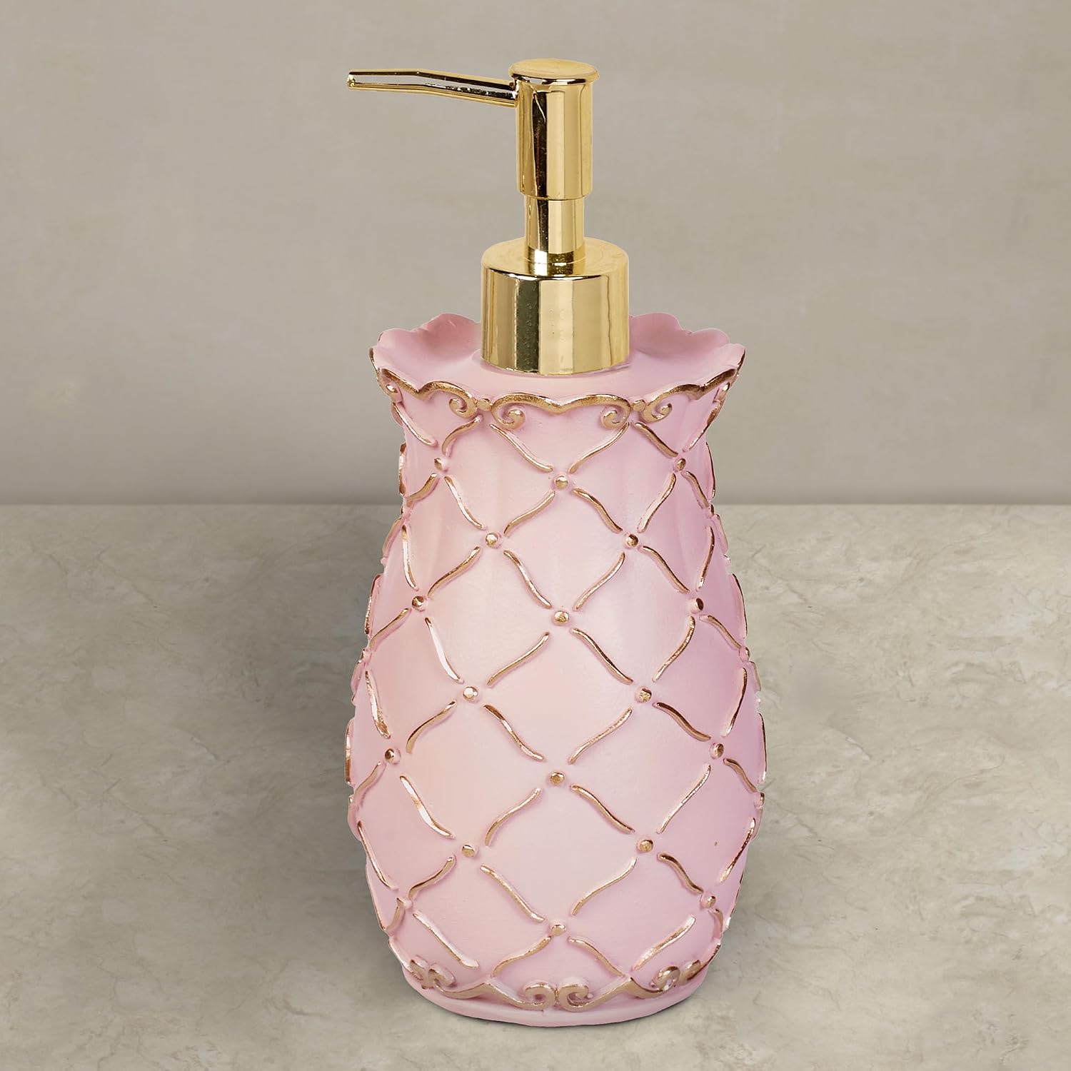 Angelitta Pink Countertop Dispenser for Bathroom | Handpainted Resin Lotion Soap Pump with Gold Accents, Diamond Lattice & Scroll Motifs | Elegant Classic | 4" Dia. x 8" H | Decorative Bath Accessory