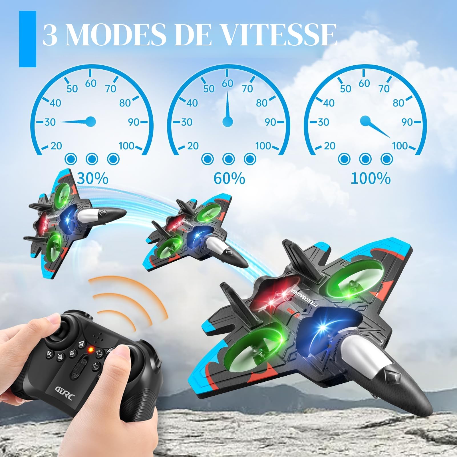 4DRC Avion V32 Télécommandé Jet avec Lumières Flip 360° Maintien de Hauteur Mode sans Tête Démarrage 1 Clic
