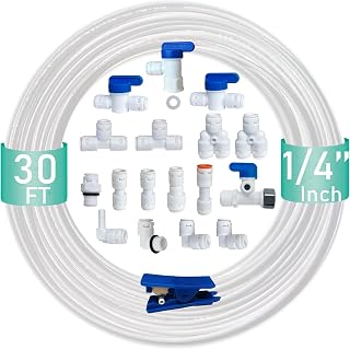 NSF Certified 1/4" O.D. Push to Connect Fittings for RO (Reverse Osmosis) Water Filter(with Shut-Off T Valve)18 pcs+30 feet 1/4" Water tubing.