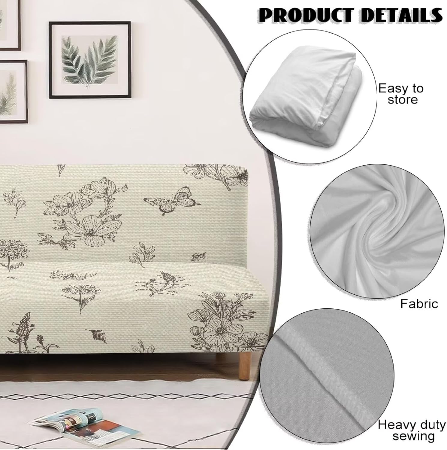 Retro Butterfly Plant Futon Couch Cover Stretch Armless Couch Slipcovers Pet Protection Furniture Protector Futon Sofa Slip Covers Indoor Home Decor