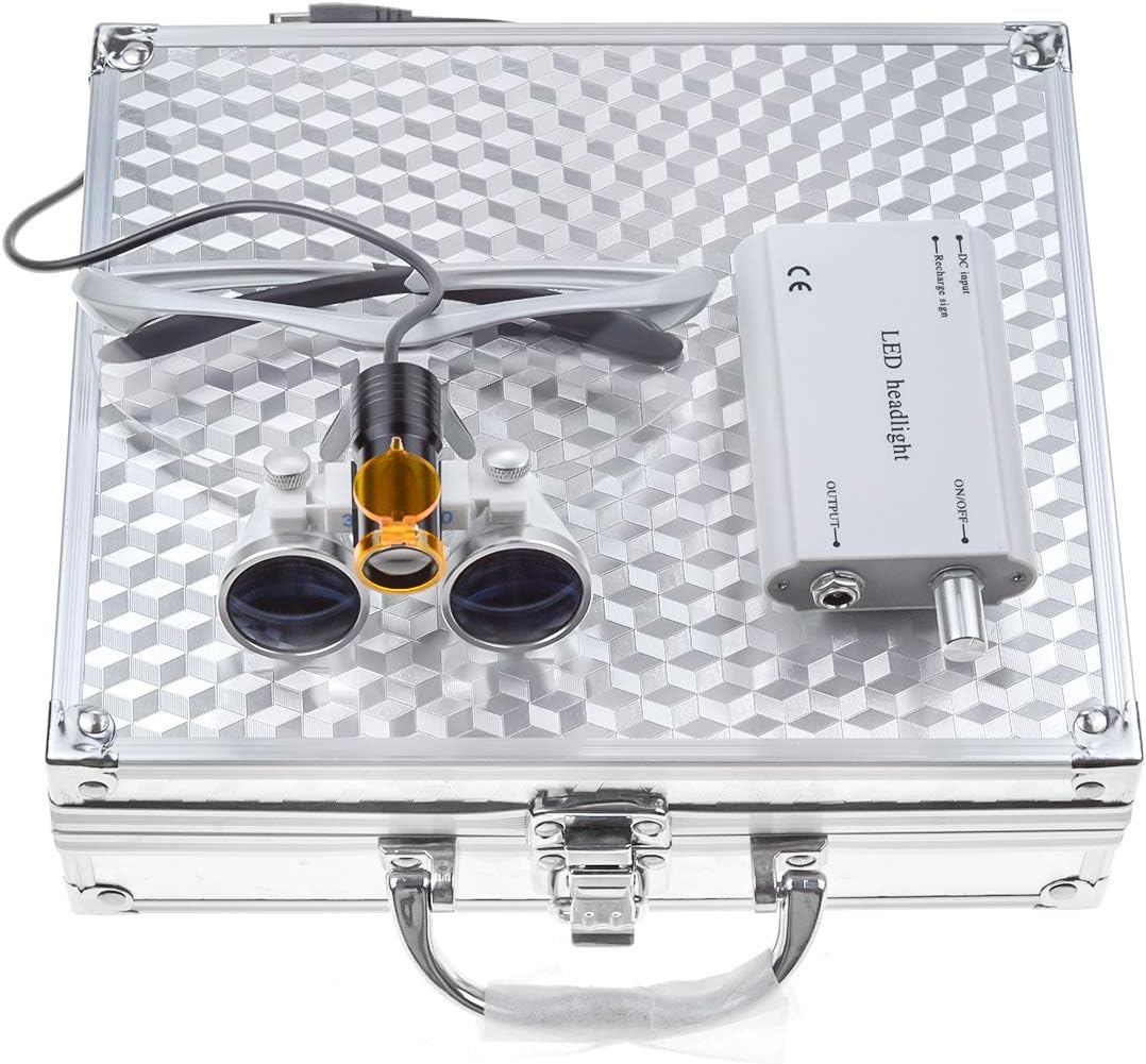 EustomA 5W LED Headlight HeadLamp Filter with 3.5X-420mm Portable Waist Hanging Style Binocular Loupes Aluminum Box (Silver)