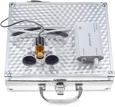 EustomA 3.5X Binocular Loupes+5W LED Headlight Clip-on Type with Optics Filter with Aluminum Box DY-008 Silver