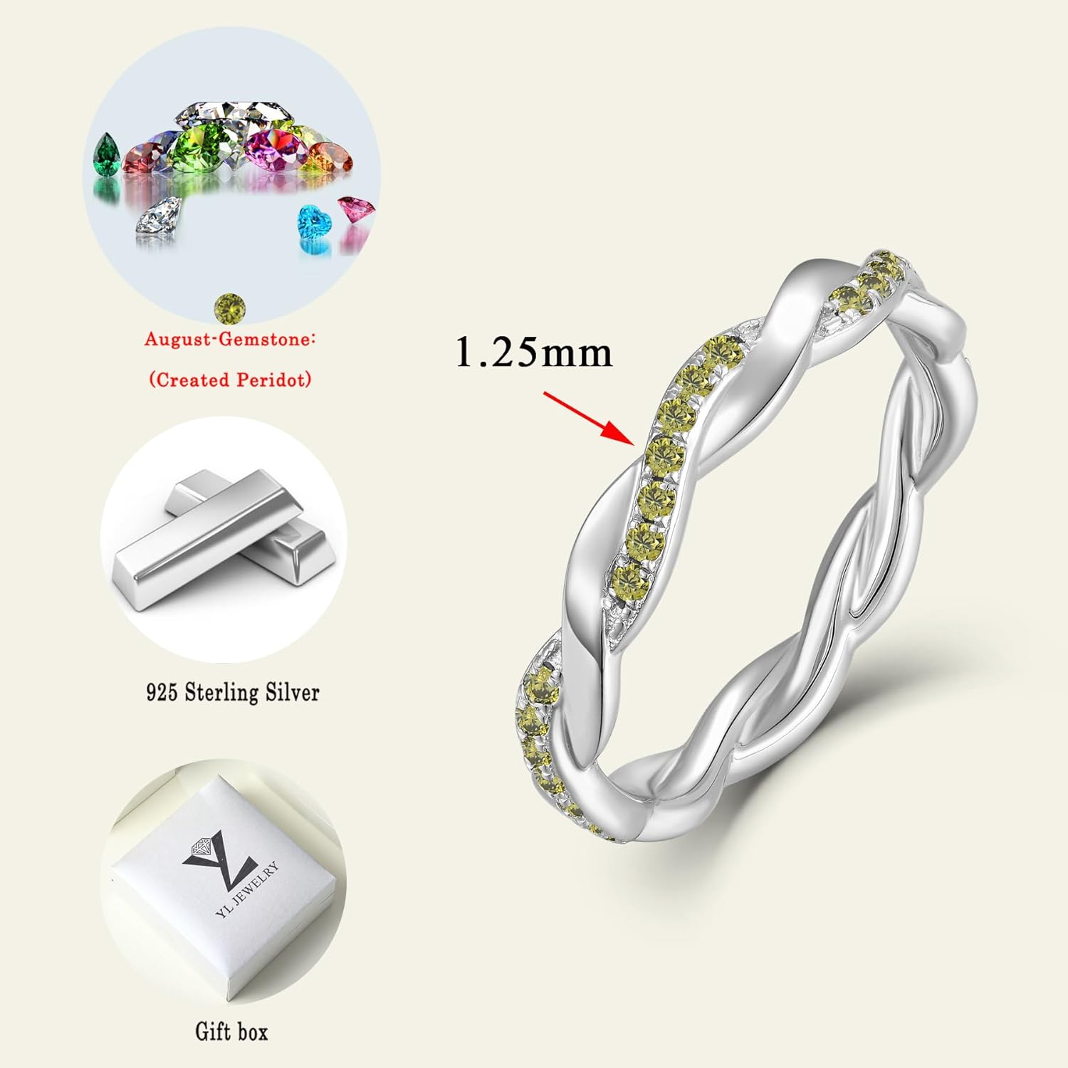YL Twisted Rings 925 Sterling Silver Stackable Ring Created Peridot Eternity Band for Women-size5