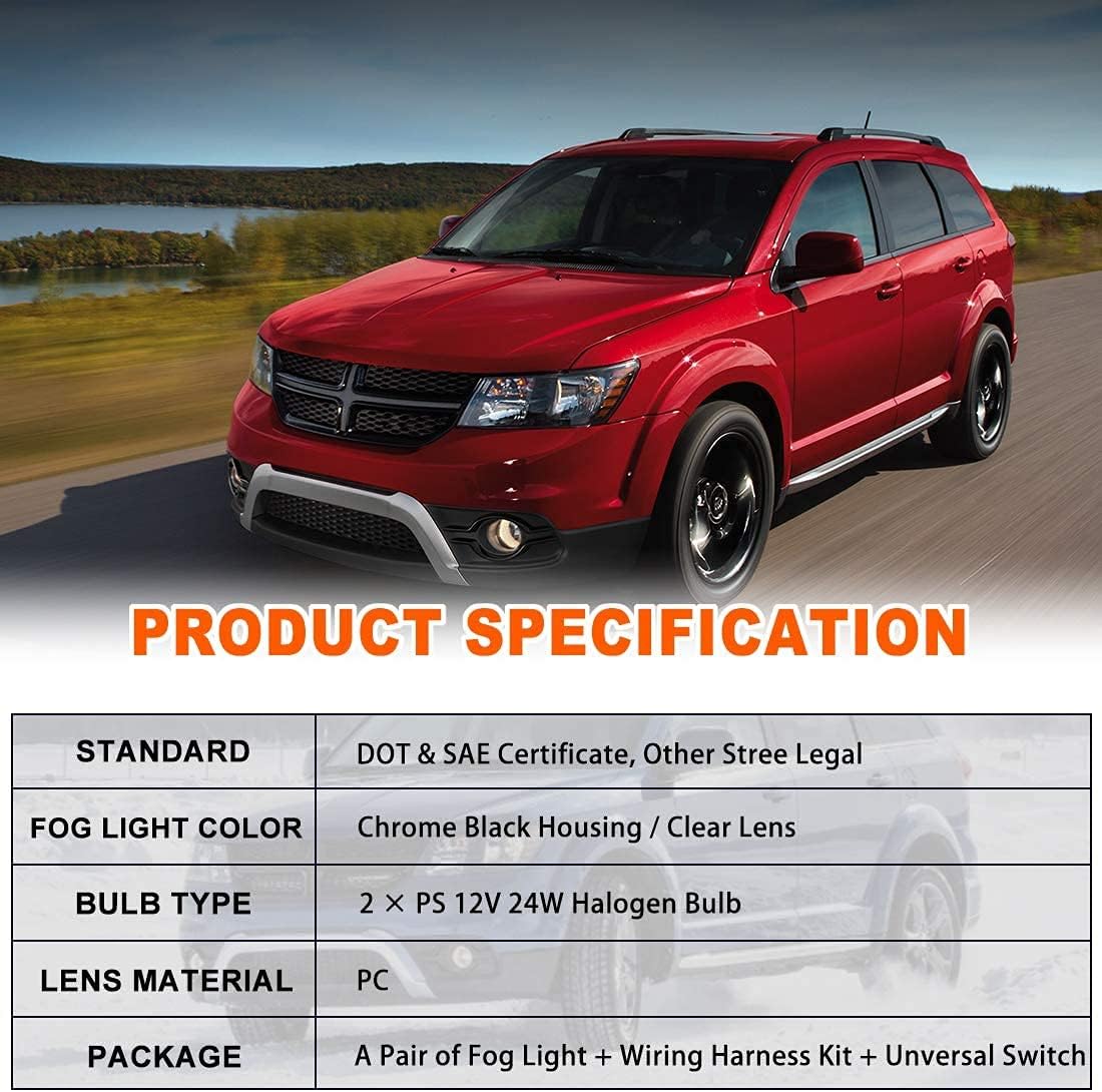 Fog Light Set for 2010-2020 Dodge Journey w / Bulb + Black Bezel Cover, OEM Bumper Driving Fog Light Lamps Assembly w / Wiring Harness Kit & Switch, Fog Lamp Replacement - PS 12V 24W Clear Lens