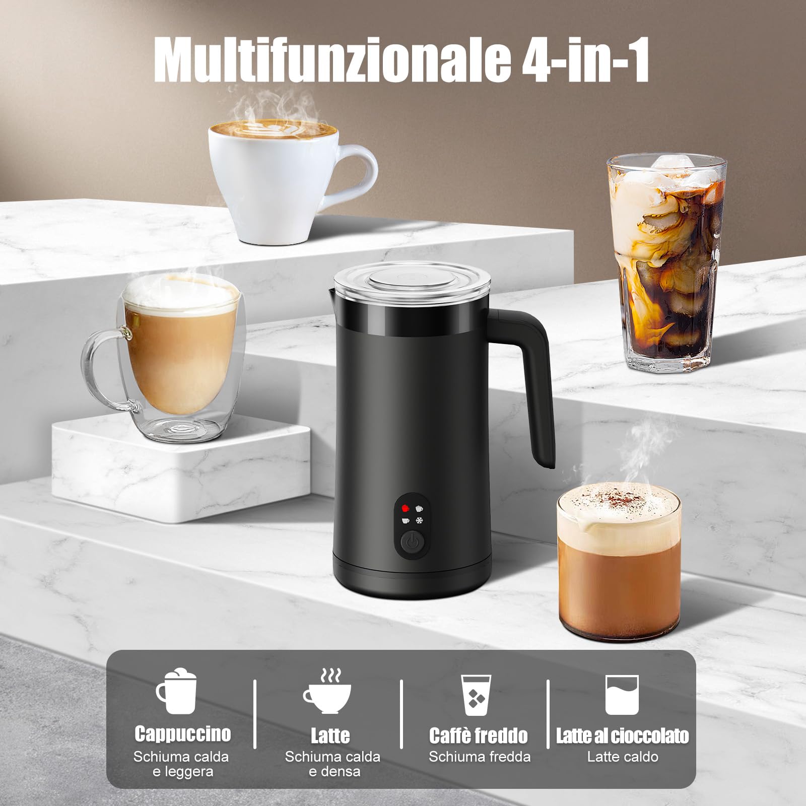 Ovetedot Montalatte Elettrico, 4-in-1 Montalatte Elettrico Cappuccino, 400ml Grande Capacità, Scaldalatte per Latte Caldo e Freddo, Schiumatore per Cappuccino, Latte, Macchiato(Nero)